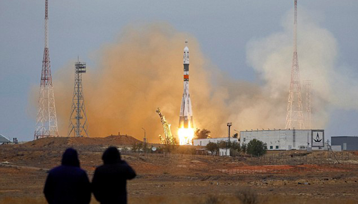 Two Americans, one Russian blast off for ISS from Kazakhstan
