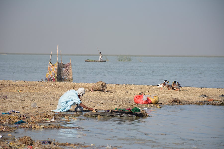 A man washes clothes in the polluted water of Manchar Lake. Photos by Amar Guriro