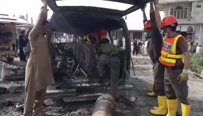 Six dead after passenger van catches fire in Kohat 