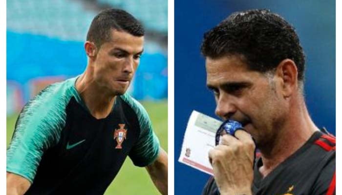 Portugal's Cristiano Ronaldo and Fernando Hierro who is coaching Spain following removal of Julen Lopetegui