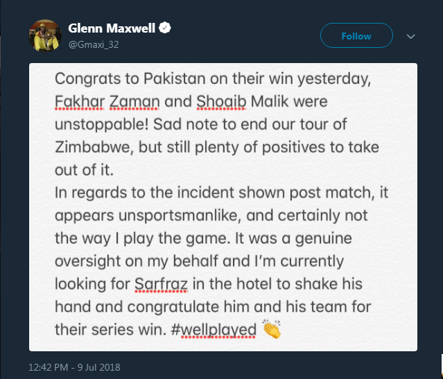 Glenn Maxwell apologises to Sarfraz Ahmed for handshake snub