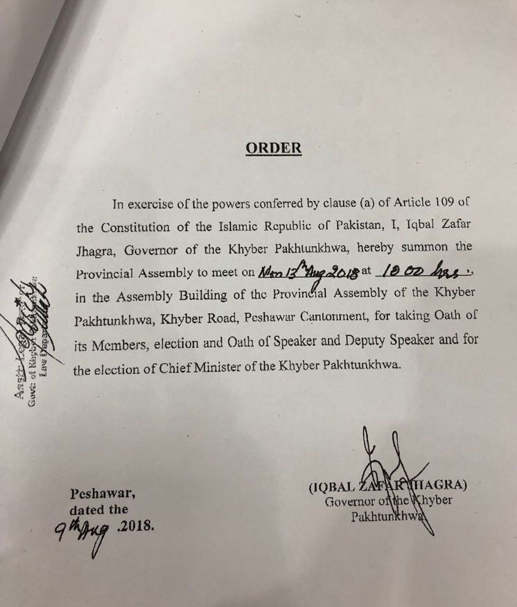 Governor KP summons assembly session for oath-taking on Aug 13