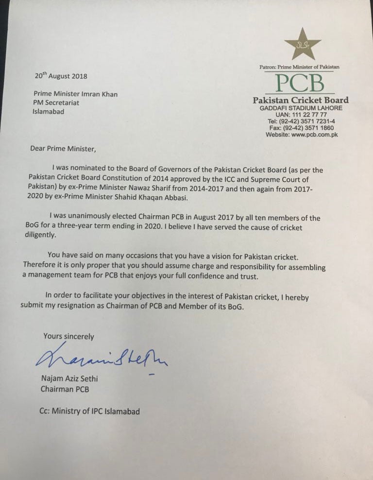 PCB Chairman Najam Sethi resigns from his post 