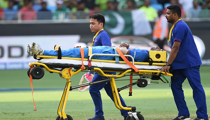 Indian cricketer Hardik Pandya is transported with a injury during the one day international (ODI). Photo: AFP