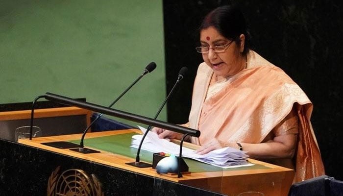 Swaraj reiterates baseless allegations against Pakistan in UNGA