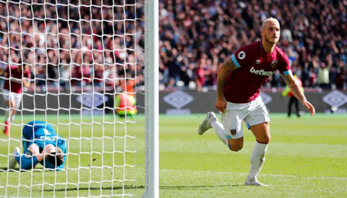 West Ham's Marko Arnautovic celebrates scoring their third goal