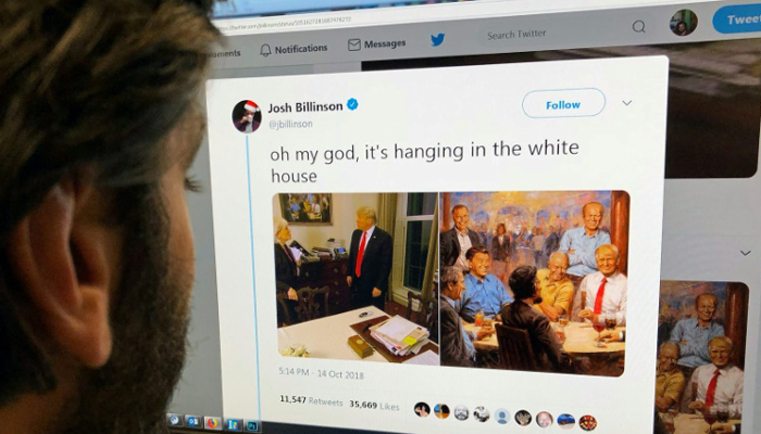 Trump hangs painting of self at bar with Republican presidents