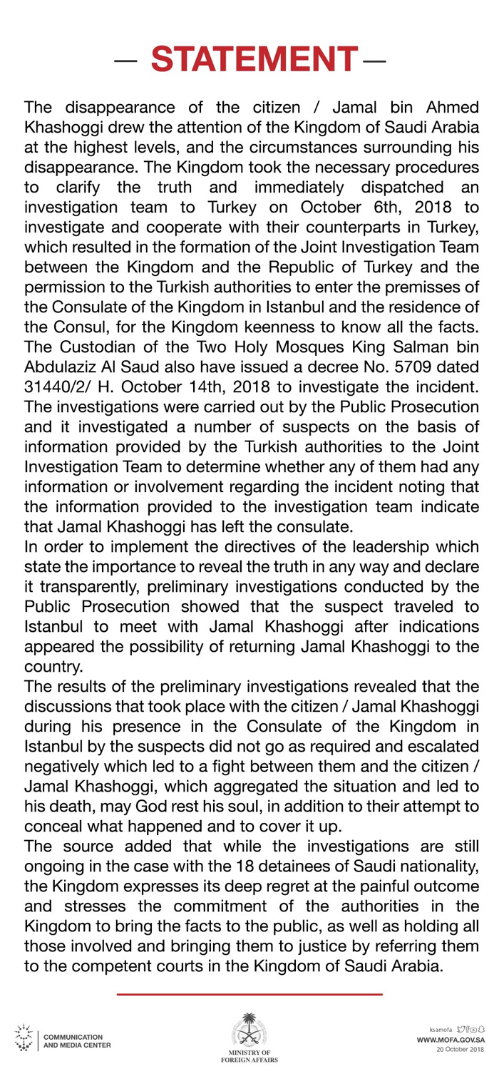 Saudi Arabia admits Khashoggi died in consulate, fires two senior officials