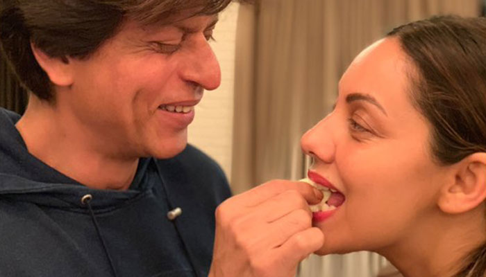 Shah Rukh Khan feeding cake to his wife Gauri on his 53rd birthday
