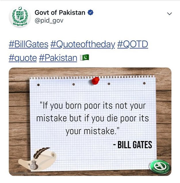 Govt of Pakistan under fire for incorrect Bill Gates quote