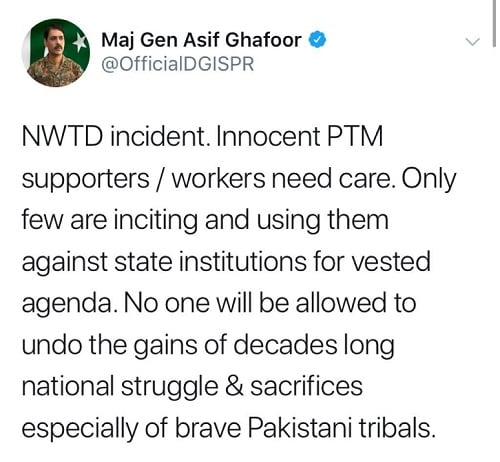 DG ISPR says innocent supporters and workers of PTM need care