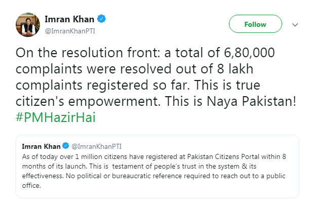 PM Imran Khan lauds effectiveness of Pakistan Citizens Portal