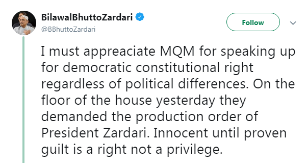 Bilawal Bhutto appreciates MQM's effort to support Zardari's production order 