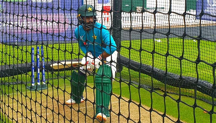 Pakistan batsman Mohammad Hafeez practicing in the nets at Lord's on Thursday