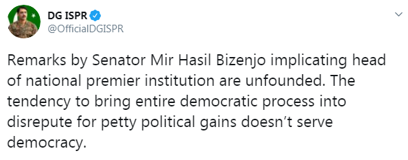 DG ISPR dismisses Hasil Bizenjo’s remarks as ‘unfounded’