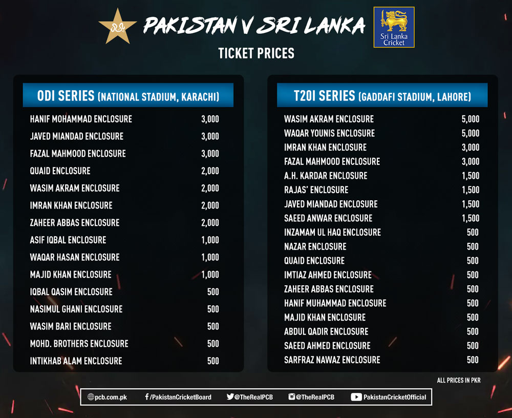 Pakistan-Sri Lanka series ticket prices announced
