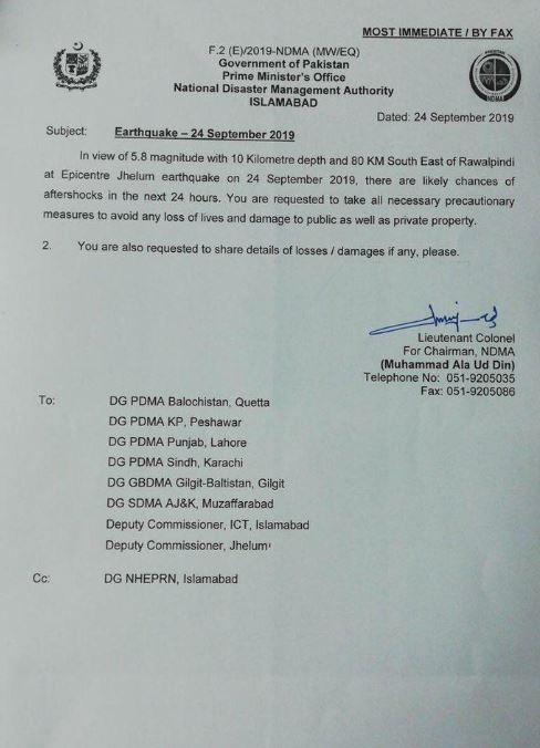 Earthquake aftershocks likely in next 24 hours, warns NDMA