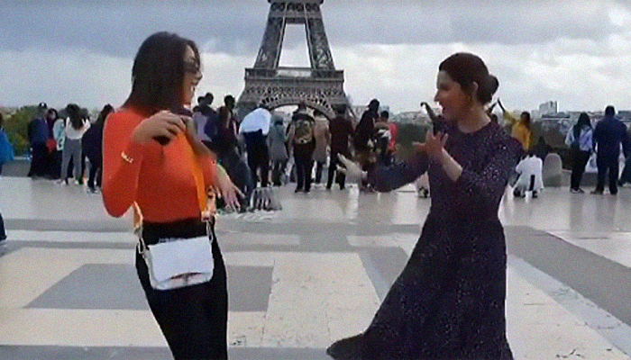 Mahira dances with Lebanese actress Daniella Rahme in front of Eiffel Tower