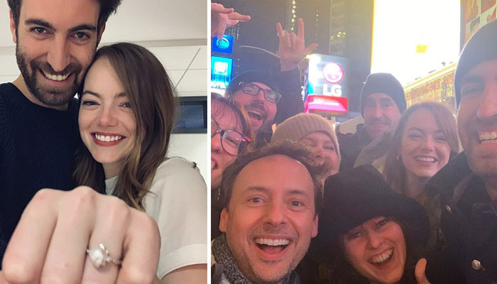 Emma Stone, fiancé Dave McCary all smiles posing with Amy Schumer