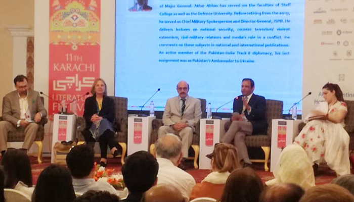 Panelists (L-R) Khalid Banuri, Victoria Schofield, Sardar Masood Khan, Athar Abbas, and Mushaal Mullick attend a session titled Kashmir the lost paradise at the Karachi Literature Festival in Karachi, Pakistan, March 1, 2020. Geo.tv/Author