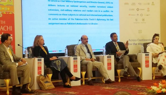 Panelists (L-R) Khalid Banuri, Victoria Schofield, Sardar Masood Khan, Athar Abbas, and Mushaal Mullick attend a session titled Kashmir the lost paradise at the Karachi Literature Festival in Karachi, Pakistan, March 1, 2020. Geo.tv/Author