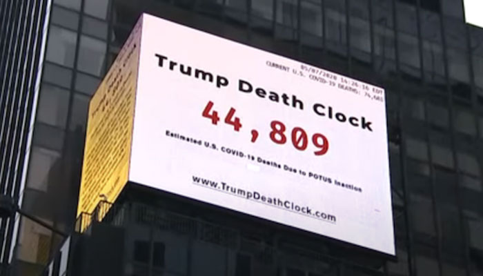 Trump Death Clock: Times Square billboard counts preventable US coronavirus deaths