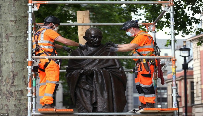 Gandhi statue hidden by UK police after threat by Black Lives Matter movement