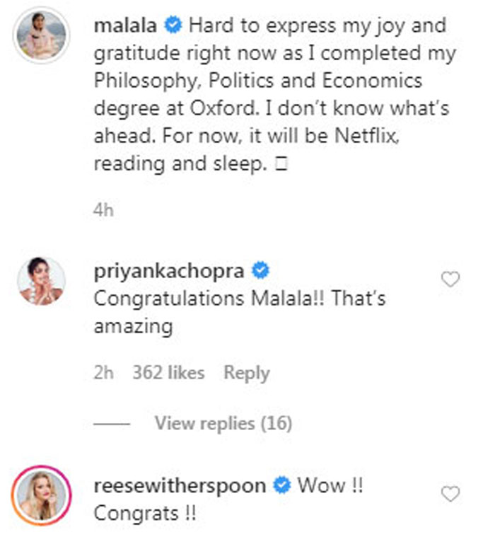 Priyanka Chopra felicitates Malala for completing her degree at Oxford