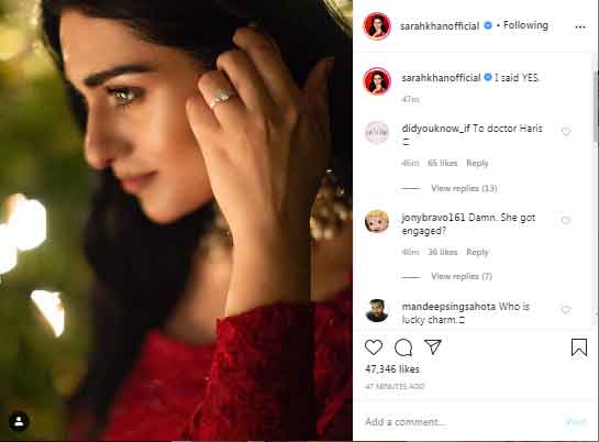 TV actress Sarah Khan announces engagement to singer Falak Shabir