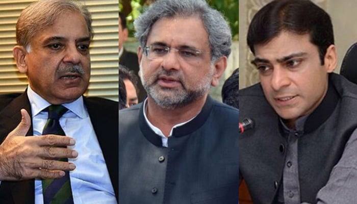 Shehbaz Sharif (L), Shahid Khaqan Abbasi (Centre),  Hamza Shehbaz (Right). — Geo.tv/Files