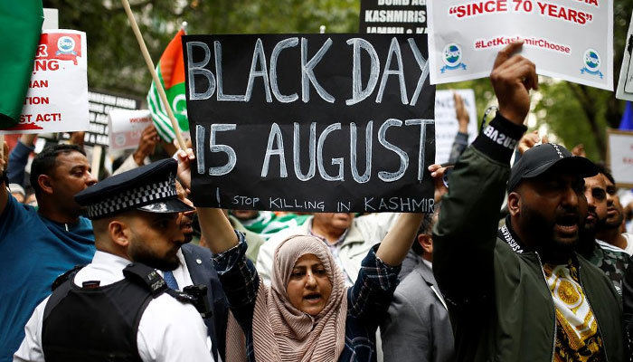 Protesters rally outside Indian High Commission in UK on Youm-e-Istehsal Kashmir