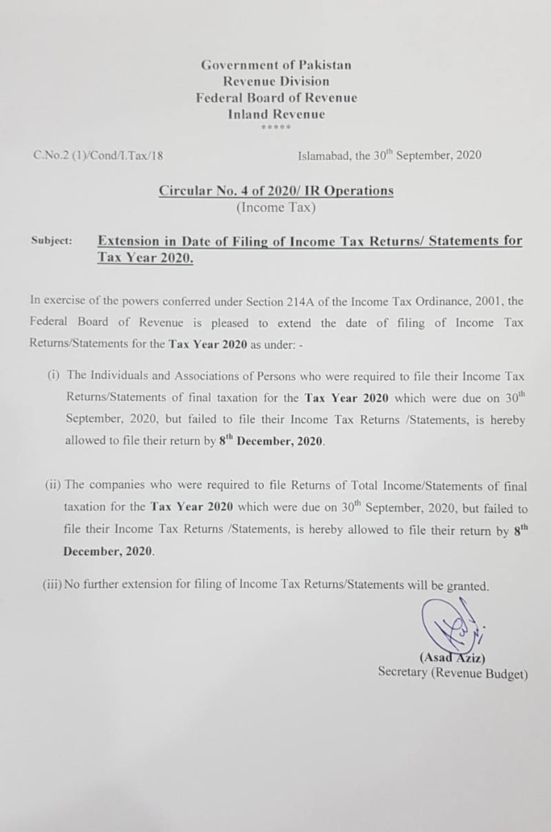 Deadline check: FBR has extended last date for filing income tax returns for 2020