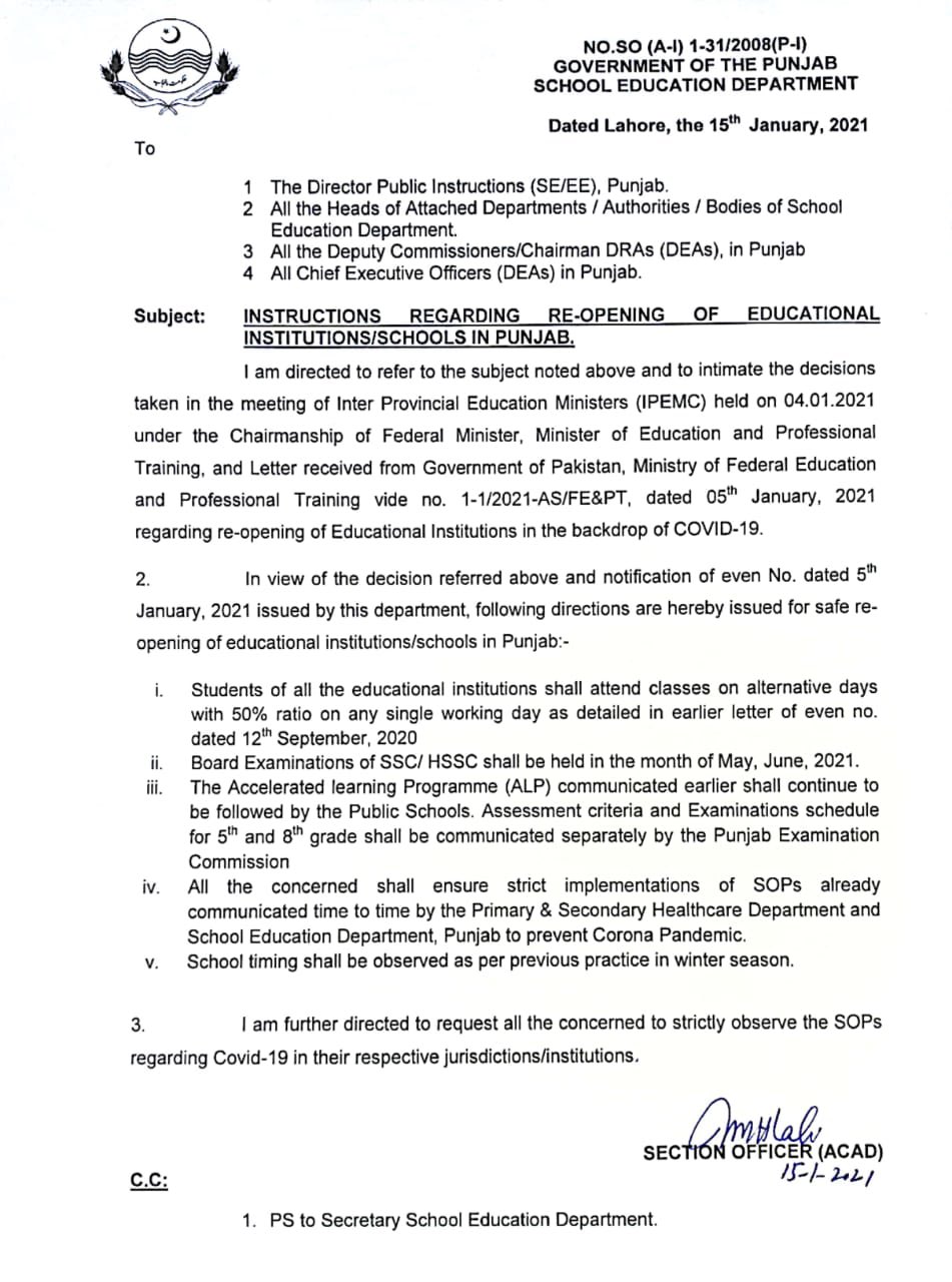 Punjab govt issues notification regarding reopening of schools