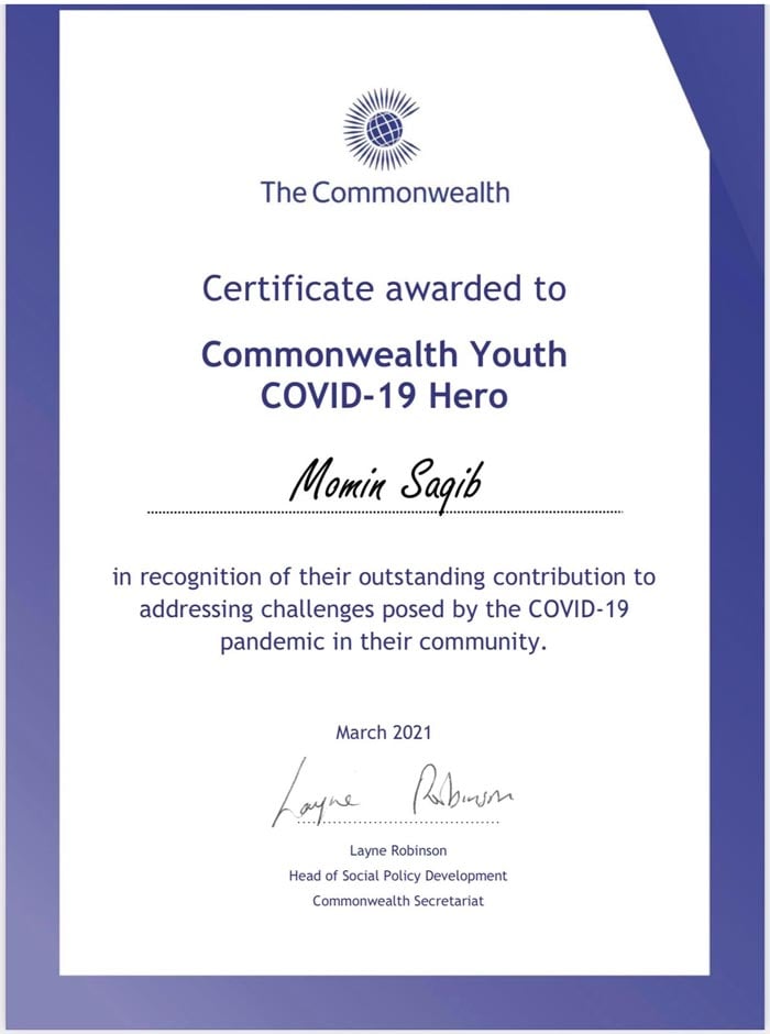 British-Pakistani Momin Saqib named Commonwealth Youth COVID-19 Hero 2021
