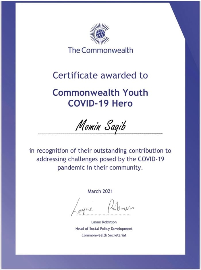 British-Pakistani Momin Saqib named Commonwealth Youth COVID-19 Hero 2021 British-Pakistani Momin Saqib named Commonwealth Youth COVID-19 Hero 2021