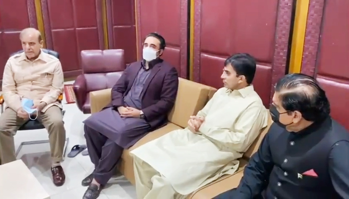 (L to R)Opposition Leader in the National Assembly Shehbaz Sharif, PPP Chairman Bilawal Bhutto, MNA Mohsin Dawar, and former prime minister and PPP leader Raja Pervez Ashraf meeting in Islamabad, on June 16, 2021. — Still from video shared by PPPs media cell.