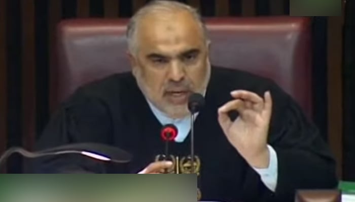 National Assembly Speaker Asad Qaiser addressing Leader of the Opposition Shahbaz Sharif (who cannot be seen) during the budget session in Islamabad, on June 16, 2021. — YouTube