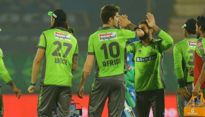 The players of Lahore Qalandars celebrating after winning a match. File photo
