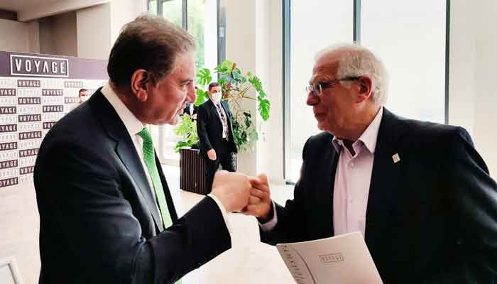 Minister for Foreign Affairs Shah Mahmood Qureshi is seen fist bumping EU High Representative/Vice President Josep Borrell on the sidelines of the Antalya Diplomacy Forum in Turkey, on June 18, 2021. — Photo courtesy Twitter/SMQureshiPTI