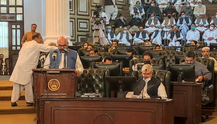 Finance Minister Taimur Salim Jhagra presents PTI-led governments third budget at KP Assembly in Peshawar, on June 18, 2021. — Twitter