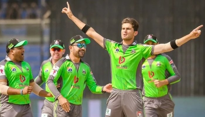 Lahore Qalandars fast bowler Shaheen Shah Afridi celebrates after dismissing a batsman during a PSL match. Photo: Courtesy PCB