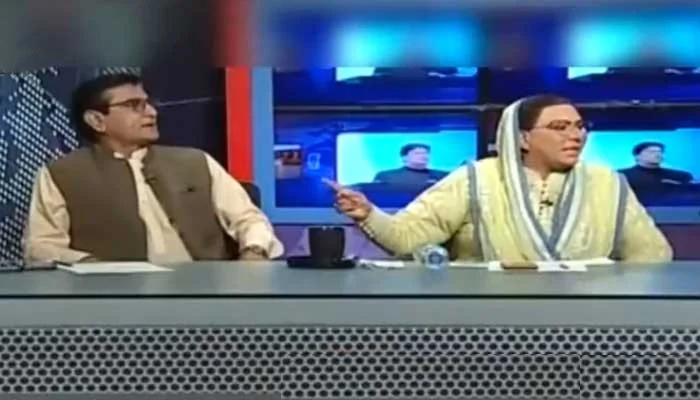 PPP MNA Abdul Qadir Mandokhel andSpecial Advisor to Chief Minister (SACM) on Information Firdous Ashiq Awan can be seen during arguing during a TV show. — Geo News screengrab/File