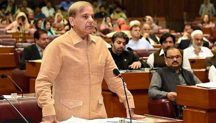 Leader of the Opposition in the National Assembly Shahbaz Sharif while delivering an address in the National Assembly. — Photo courtesy Twitter/National Assembly of Pakistan