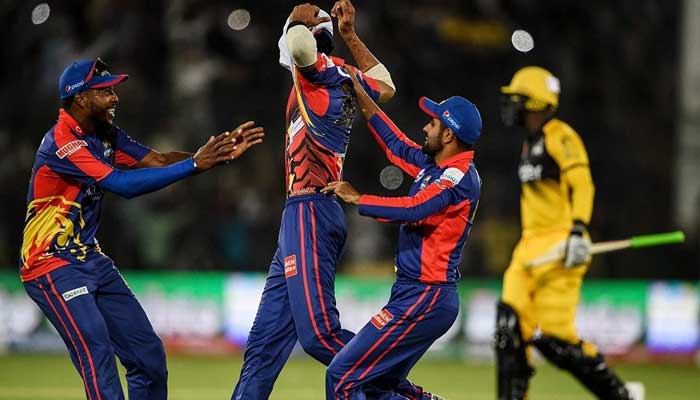 Karachi Kings teammates celebrate after dimssing a Peshawar Zalmi batsman. Photo: File