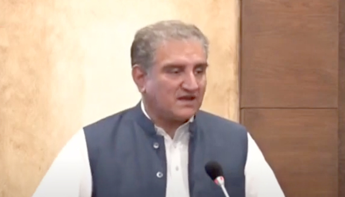 Foreign Minister Shah Mahmood Qureshi addressing a press conference in Islamabad, on June 21, 2021. — Geo News screengrab