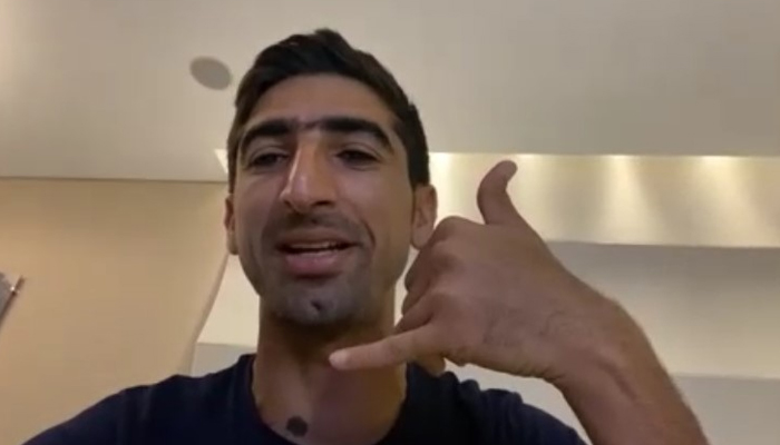 Pacer Shahnawaz Dahani gestures during an interview with Geo.tv from Abu Dhabi, on June 23, 2021. &mdash; Photo by author