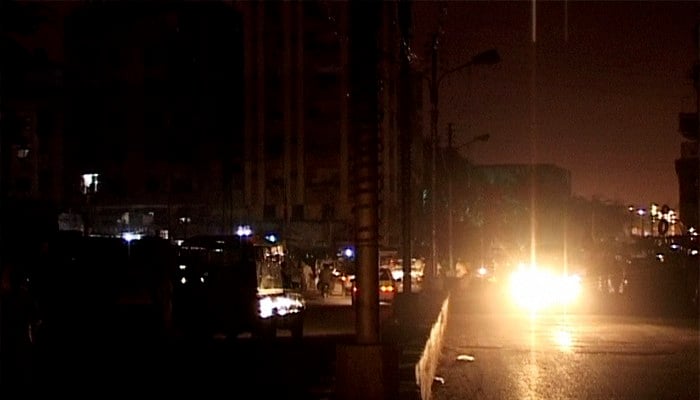 A file photo shows darkened streets due to load-shedding in Karachis Gulistan-e-Jauhar area.