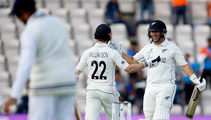 ICC World Test Championship Final - India v New Zealand - Rose Bowl, Southampton, Britain - June 23, 2021 New Zealands Kane Williamson and Ross Taylor celebrate after winning the ICC World Test Championship Final. — Reuters