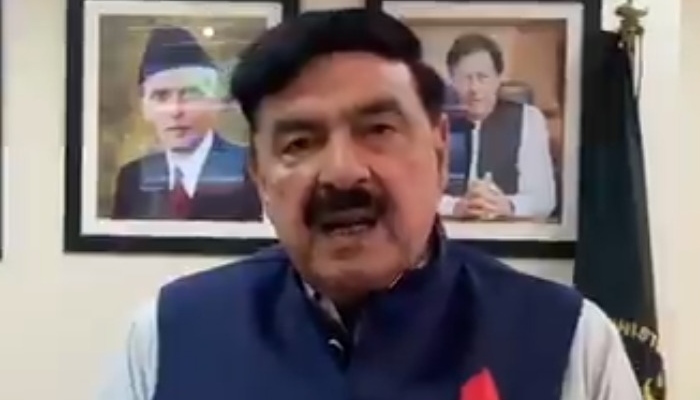Federal Interior Minister Sheikh Rasheed records a video message. Photo: Sheikh Rasheeed Twitter account.