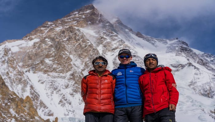Pakistani mountaineer Muhammad Ali Sadpara (left) with Iceland mountaineer John Snorri and Alis son Sajid Sadpara. This picture was shared by Snorri on Thursday, two days before he and Ali went missing on the K2 summit. Photo: Courtesy Sajid Ali Sadpara